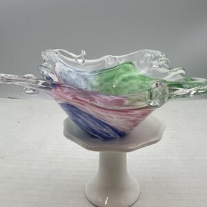 Murano Style Art Glass Bowl Hand Blown Swirl Green Blue Pink Vintage